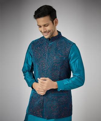 Royal blue embroidered nehru jacket set 3
