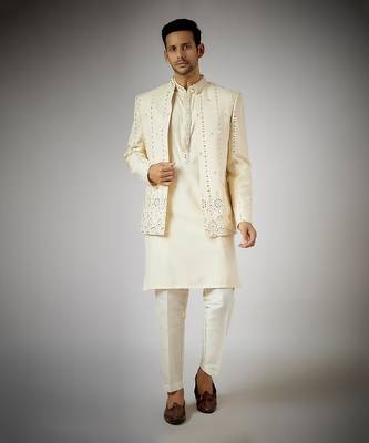 Off white embroidered nehru jacket set 1