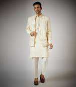 Off white embroidered nehru jacket set