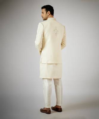 Off white embroidered nehru jacket set 2