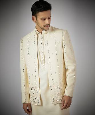 Off white embroidered nehru jacket set 4