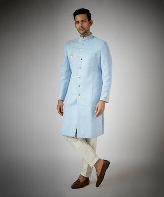 Sky blue embroidered achkan set 1