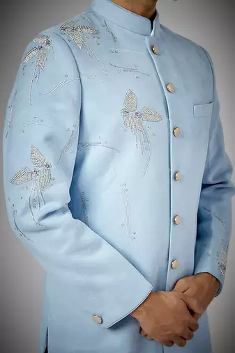 Sky blue embroidered achkan set