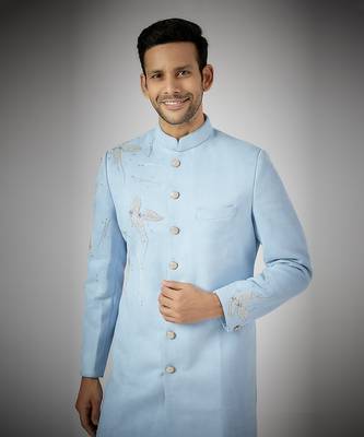 Sky blue embroidered achkan set 4