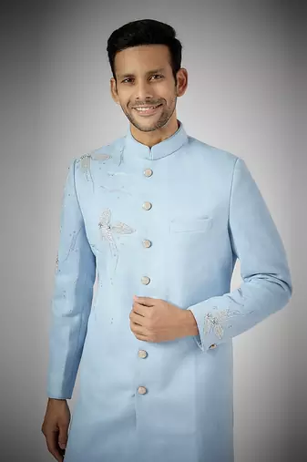 Sky blue embroidered achkan set