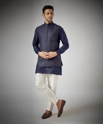 Navy blue embroidered nehru jacket set 1