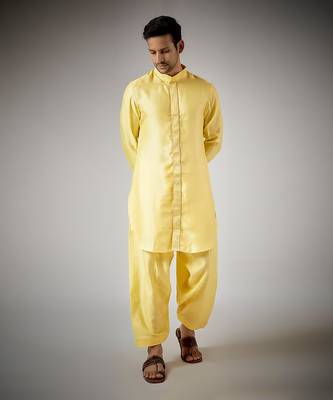 Yellow embroidered pathani set 1