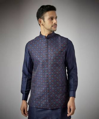 Navy blue embroidered nehru jacket set 3