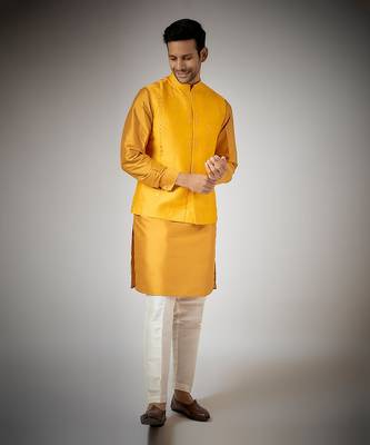 Mustard embroidered nehru jacket set 1