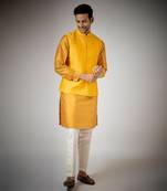 Mustard embroidered nehru jacket set