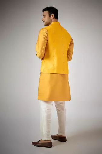 Mustard embroidered nehru jacket set