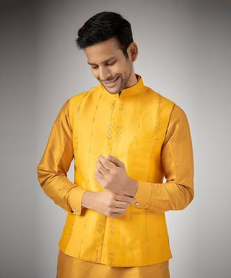 Mustard embroidered nehru jacket set 3