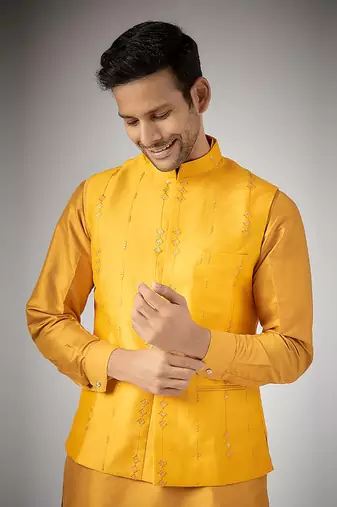 Mustard embroidered nehru jacket set