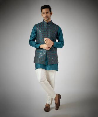 Cobalt blue raw silk nehru jacket set 1
