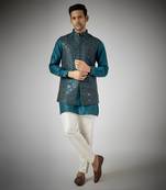 Cobalt blue raw silk nehru jacket set