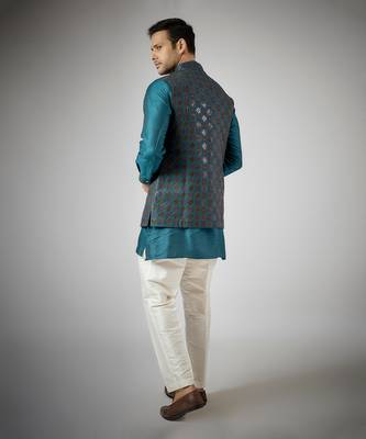 Cobalt blue raw silk nehru jacket set 2