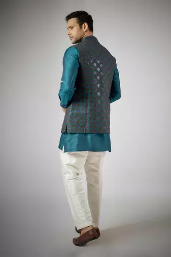 Cobalt blue raw silk nehru jacket set