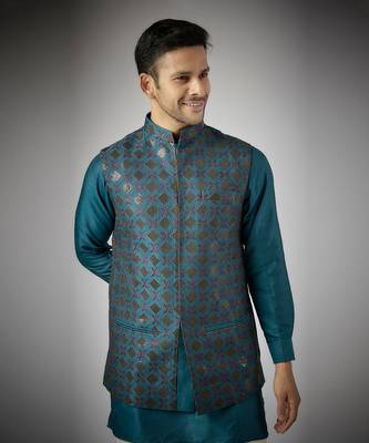 Cobalt blue raw silk nehru jacket set 3