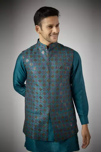 Cobalt blue raw silk nehru jacket set
