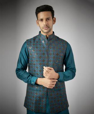 Cobalt blue raw silk nehru jacket set 4
