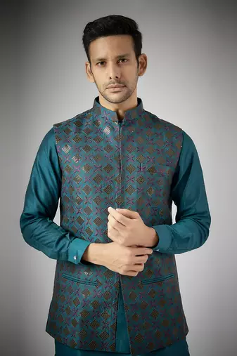 Cobalt blue raw silk nehru jacket set