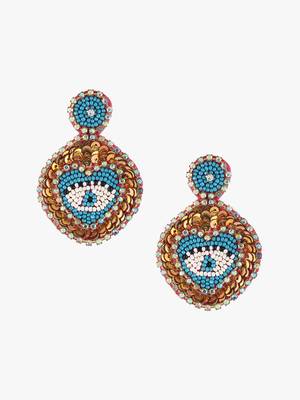 Fabric gold-plated blue & multi oval drop earrings 1