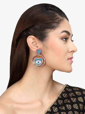 Fabric gold-plated blue & multi oval drop earrings 3