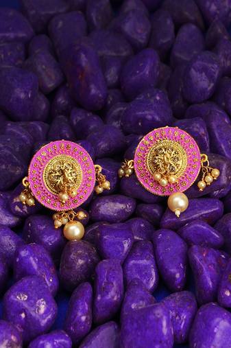 Gold-plated pink andwhite pearls circular earrings