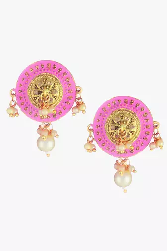 Gold-plated pink andwhite pearls circular earrings