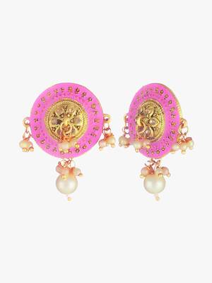 Gold-plated pink andwhite pearls circular earrings 4