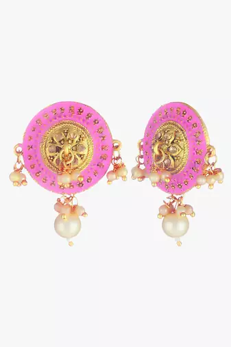 Gold-plated pink andwhite pearls circular earrings