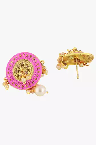 Gold-plated pink andwhite pearls circular earrings