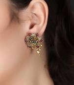 Women 24 ct gold-plated flower temple stone-studded earring with tessels