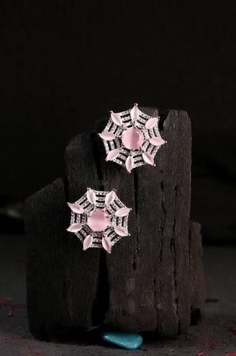 Silver-plated vintage style rose quartz and diamond net shape stud earrings for women and girls