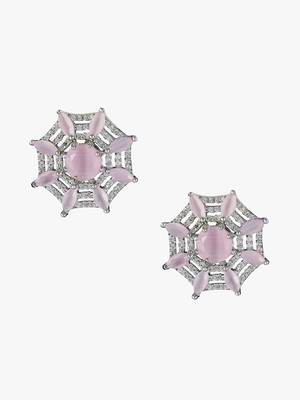 Silver-plated vintage style rose quartz and diamond net shape stud earrings for women and girls 2