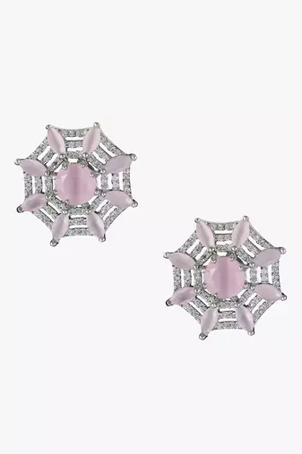 Silver-plated vintage style rose quartz and diamond net shape stud earrings for women and girls