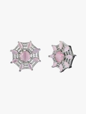 Silver-plated vintage style rose quartz and diamond net shape stud earrings for women and girls 3