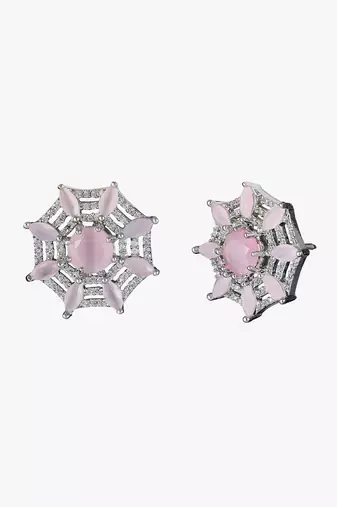 Silver-plated vintage style rose quartz and diamond net shape stud earrings for women and girls