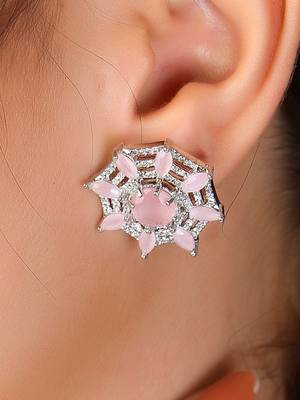 Silver-plated vintage style rose quartz and diamond net shape stud earrings for women and girls 4