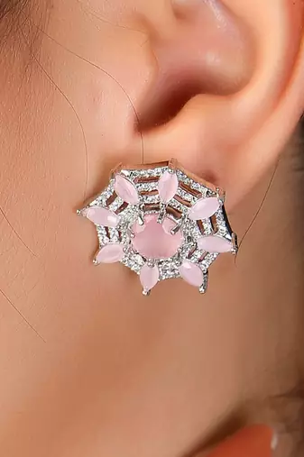 Silver-plated vintage style rose quartz and diamond net shape stud earrings for women and girls