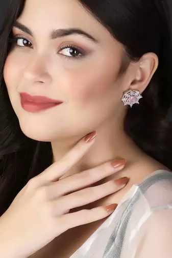 Silver-plated vintage style rose quartz and diamond net shape stud earrings for women and girls