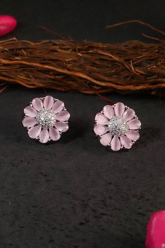 Silver-plated rose quartz and diamond flower stud earrings for women and girls