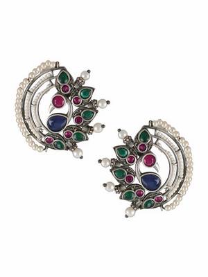 Oxidised multi-color stone-studded pearl-beaded studs 2