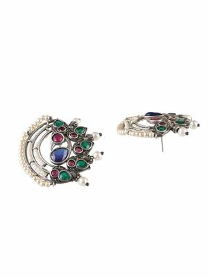 Oxidised multi-color stone-studded pearl-beaded studs 3