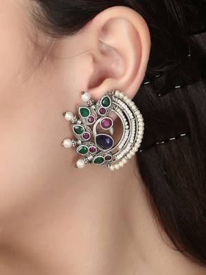 Oxidised multi-color stone-studded pearl-beaded studs 4