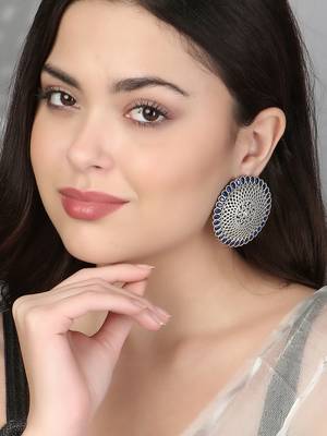 Oxidised blue-color stone-studded temple-design studs 3