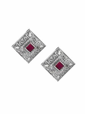 Oxidised pink-color stone-studded square-shape studs 1