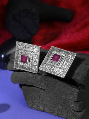 Oxidised pink-color stone-studded square-shape studs 2