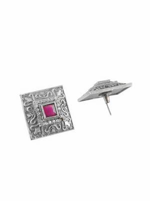 Oxidised pink-color stone-studded square-shape studs 3
