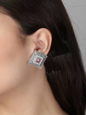 Oxidised pink-color stone-studded square-shape studs 4
